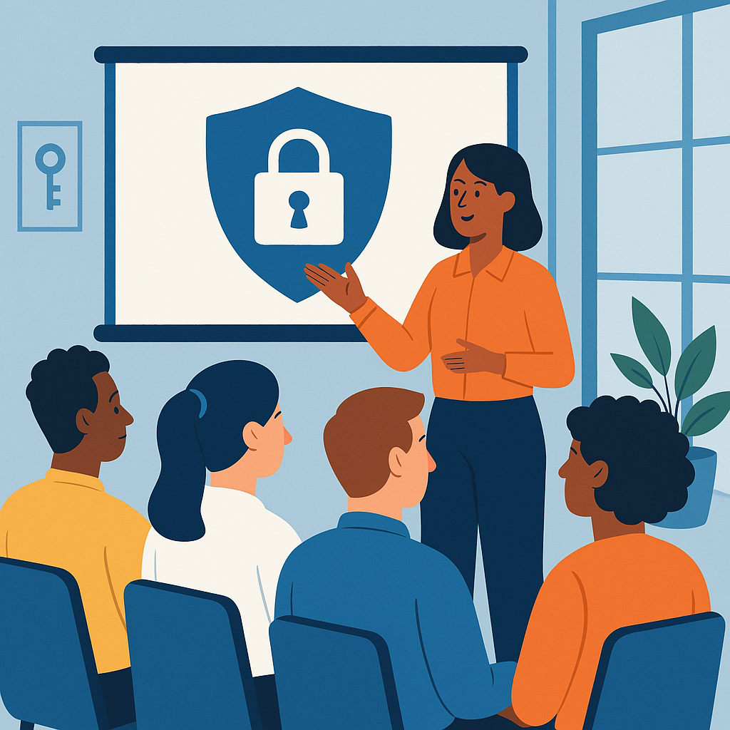 Trainerin erklärt in modernem Seminarraum ein Sicherheitssymbol auf dem Bildschirm vor aufmerksamen Teilnehmenden.