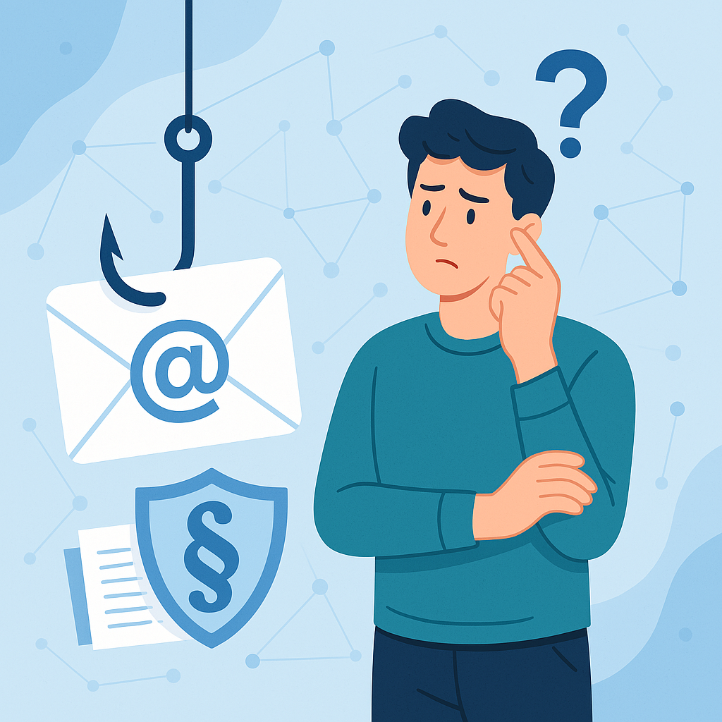 Illustration: Mann betrachtet unsicher eine Phishing-E-Mail am Angelhaken; im Hintergrund Sicherheitssymbol und Dokument.