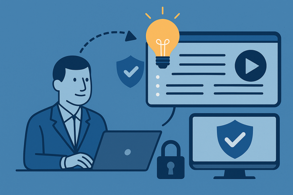 Mann sitzt vor Laptop mit Präsentation zu IT-Sicherheit; Glühbirnensymbol steht für neue Ideen.
