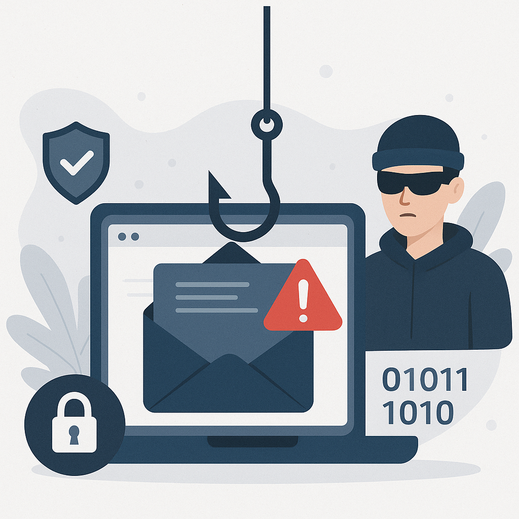 Illustration: Phishing-Szene mit verdächtiger E-Mail auf Computer, Angreifer mit Kapuze, Warnsymbol und Sicherheitssymbolen.