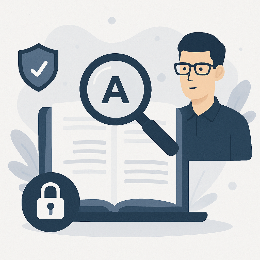 Mann mit Lupe liest in einem Buch; daneben Symbole für Sicherheit wie Schild und Schloss.