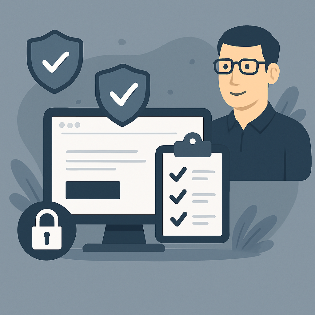 Computerbildschirm mit Häkchen und Symbolen wie Schloss, Schild und Checkliste – steht für geprüfte Sicherheit.