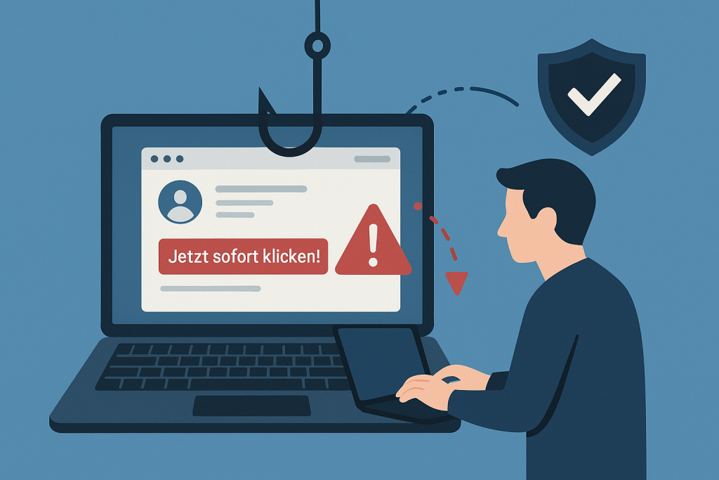 Phishing-E-Mail auf Laptop mit auffälligem Button und Angelhaken – symbolisiert Phishing-Gefahr für den Nutzer.
