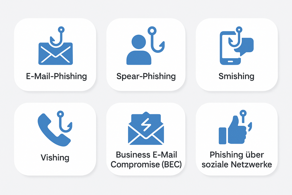 Grafik zeigt sechs Phishing-Arten: E-Mail-Phishing, Spear-Phishing, Smishing, Vishing, BEC und Phishing über soziale Netzwerke.