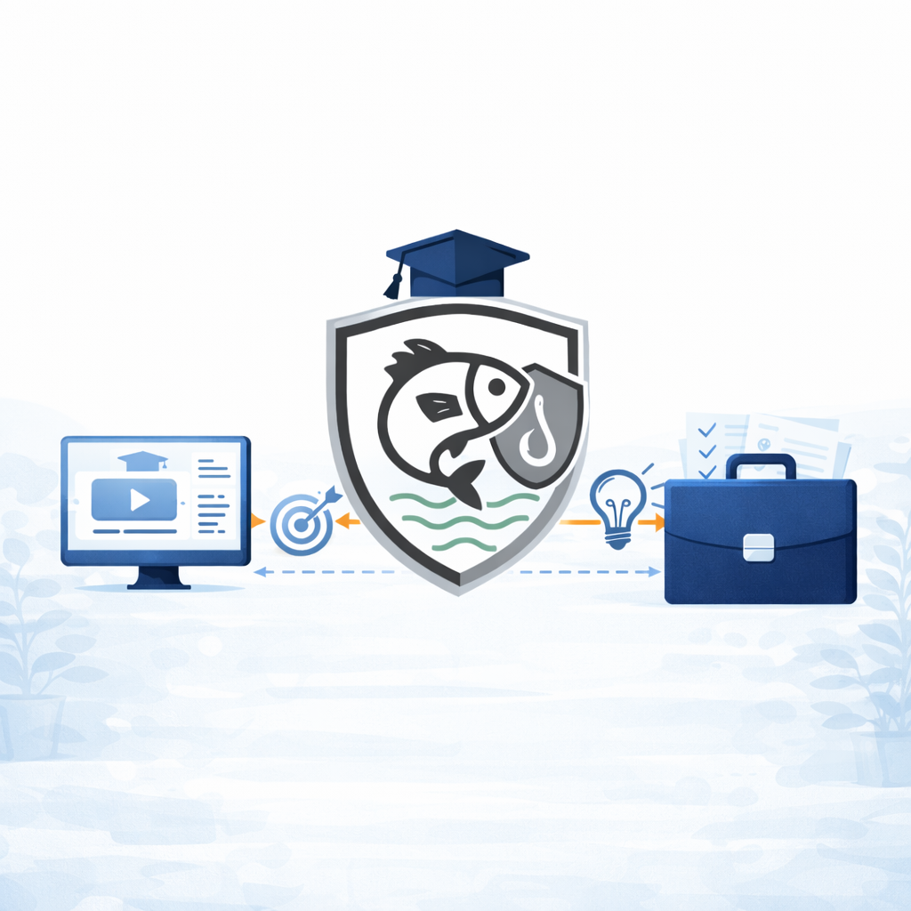 Symbolische Darstellung der Zusammenarbeit mit der hookfree Academy: Schutzschild mit Logo, Lerninhalte, Ziele und Beratungselemente.