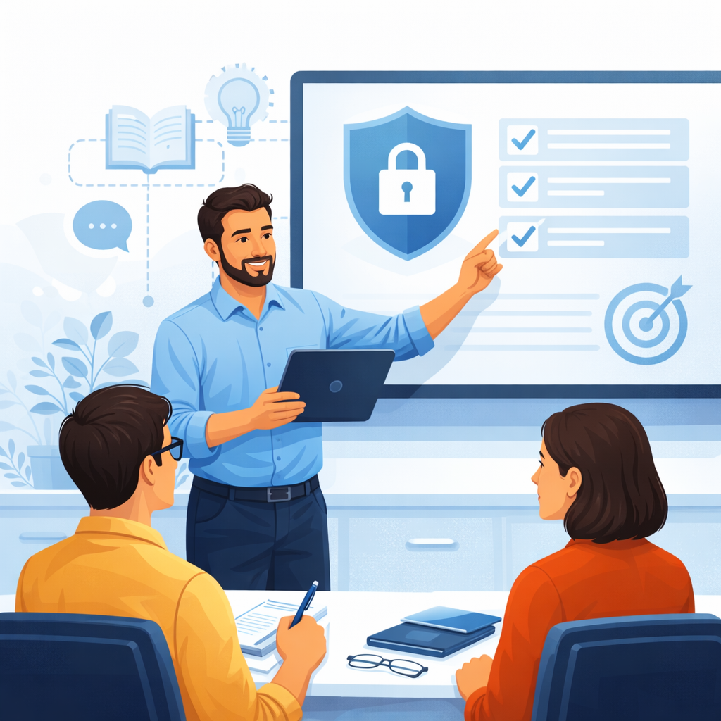 Illustration einer Schulungssituation mit Beratung zu IT-Sicherheit und praxisnaher Wissensvermittlung.