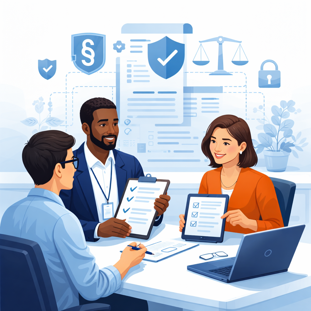 Illustration zu Datenschutz und Compliance mit Fokus auf Richtlinien, Dokumentation und sichere Informationsverarbeitung.