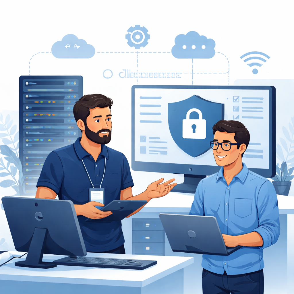 Illustration eines IT-Dienstleisters, der mehrere Systeme und Netzwerke zentral überwacht und absichert.