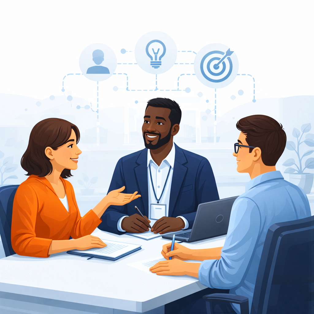 Drei Personen sitzen an einem Tisch und führen ein gemeinsames Gespräch zur Abstimmung von Zielen, Erwartungen und Rollen.