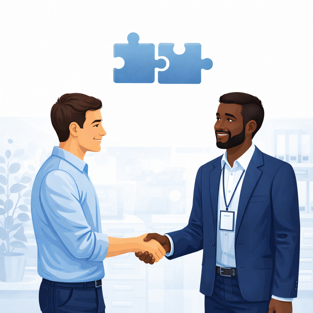 Zwei Partner stehen sich gegenüber und reichen sich die Hand, darüber verbundene Puzzleteile als Symbol für langfristige Zusammenarbeit.