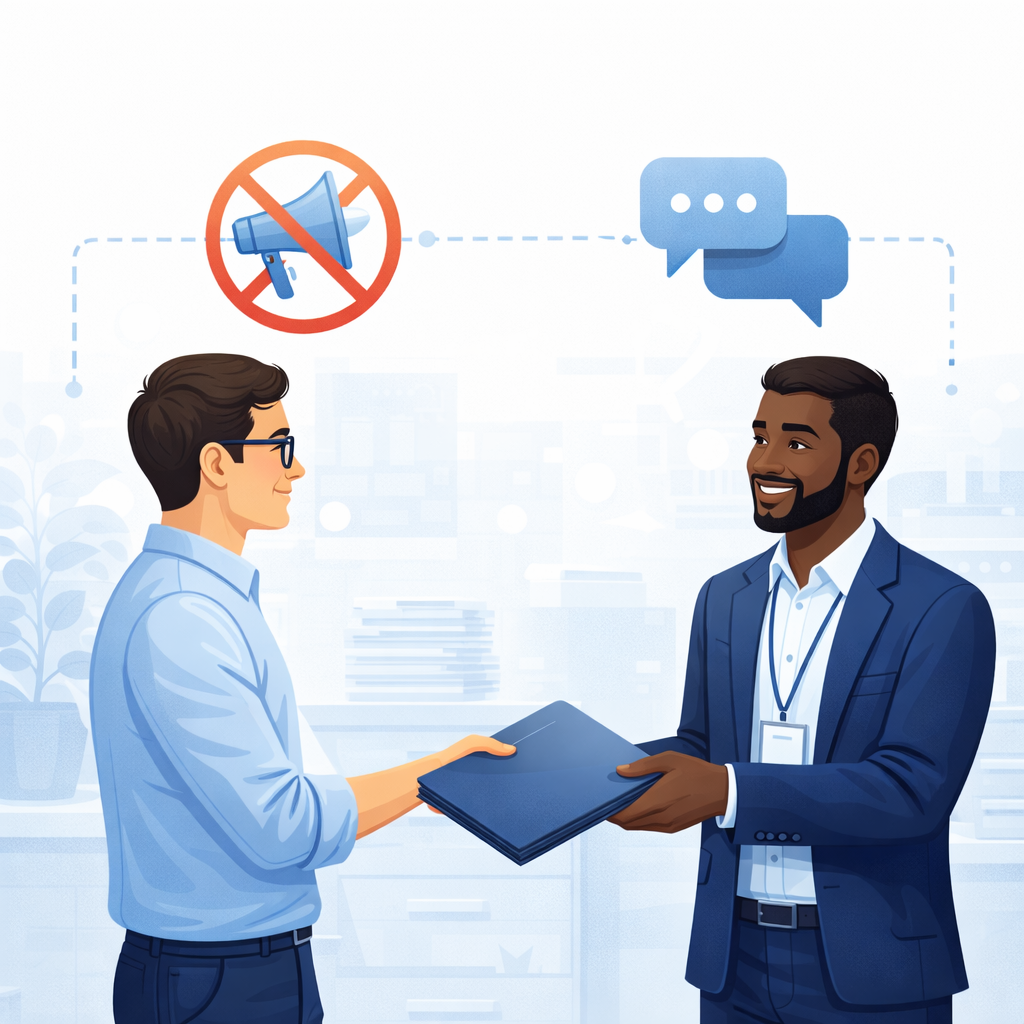 Übergabe von Unterlagen zwischen zwei Personen, begleitet von Symbolen für klare Kommunikation ohne Werbe- oder Verkaufsdruck.