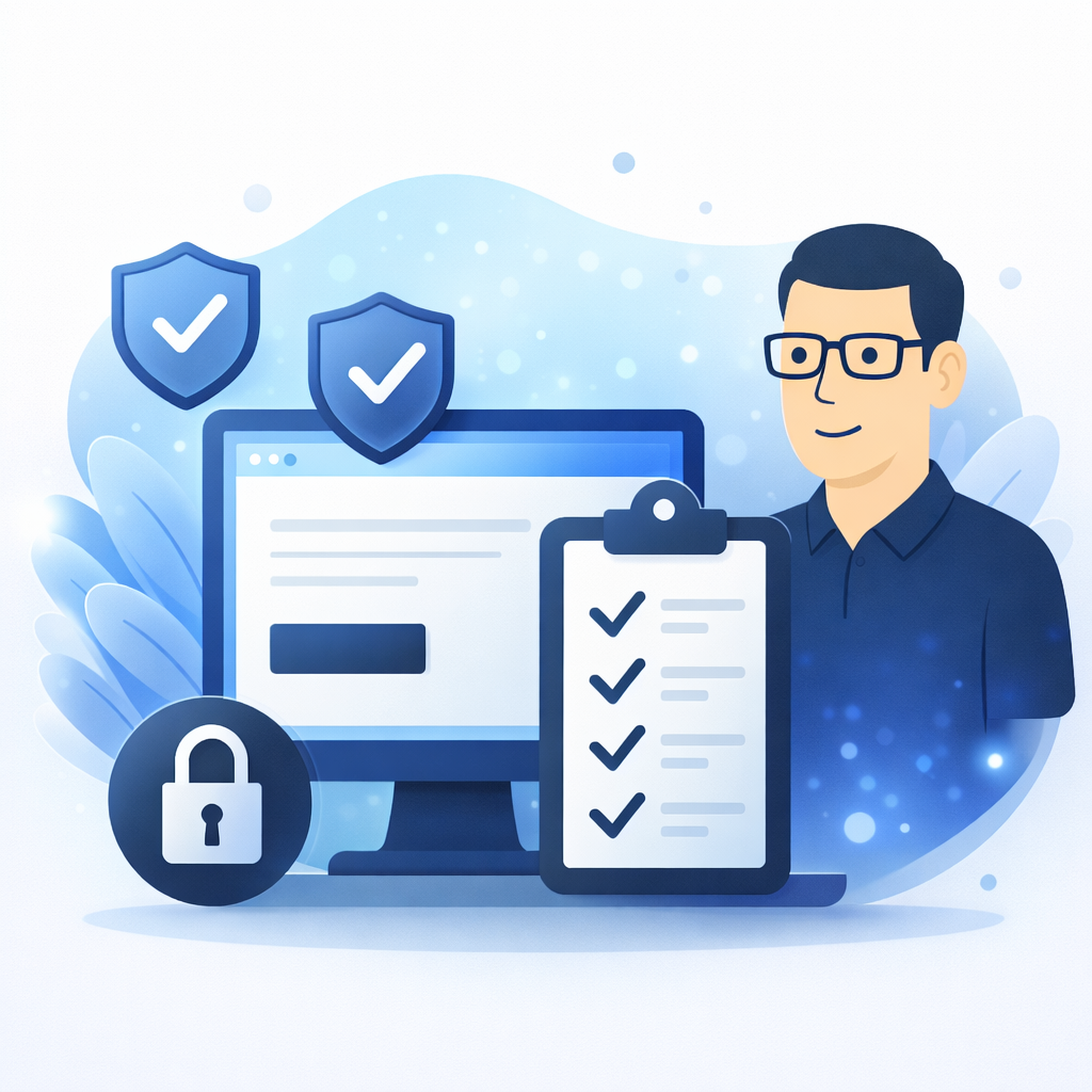 Computerbildschirm mit Häkchen und Symbolen für Sicherheit: Schloss, Schild, Checkliste – steht für geprüfte oder sichere Webseite.
