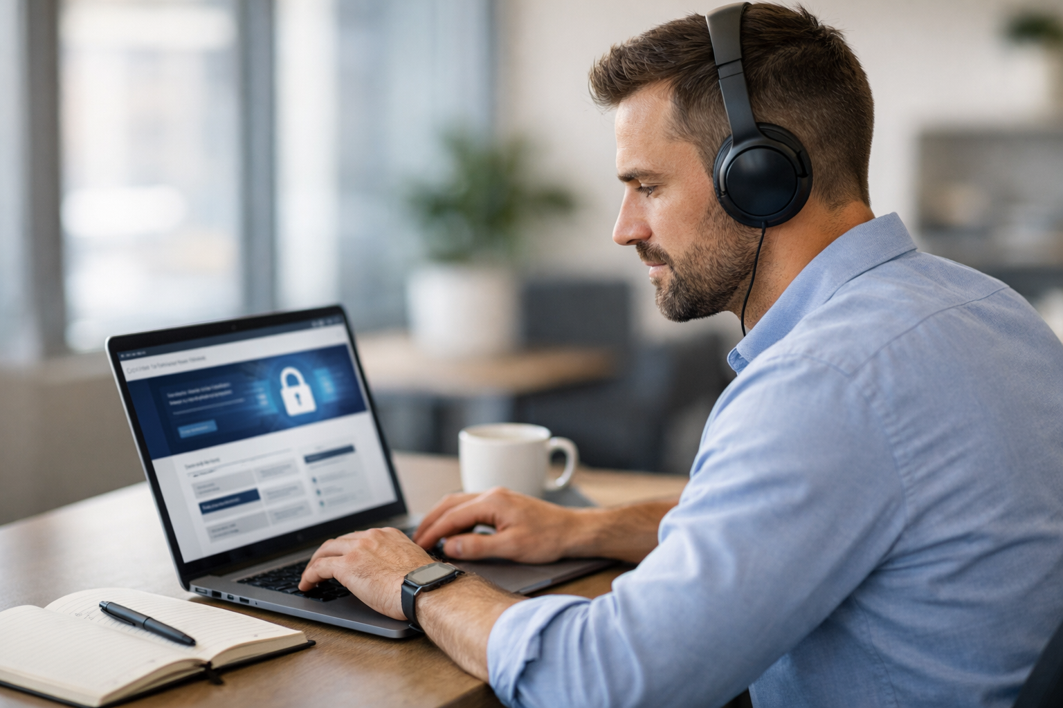 Fokussierter Mitarbeiter im Business-Casual-Outfit arbeitet mit Kopfhörern an einem Laptop in einem modernen Büro und absolviert ein IT-Sicherheits-E-Learning; auf dem Schreibtisch liegen Notizbuch und Kaffeetasse, Tageslicht fällt durch das Fenster.