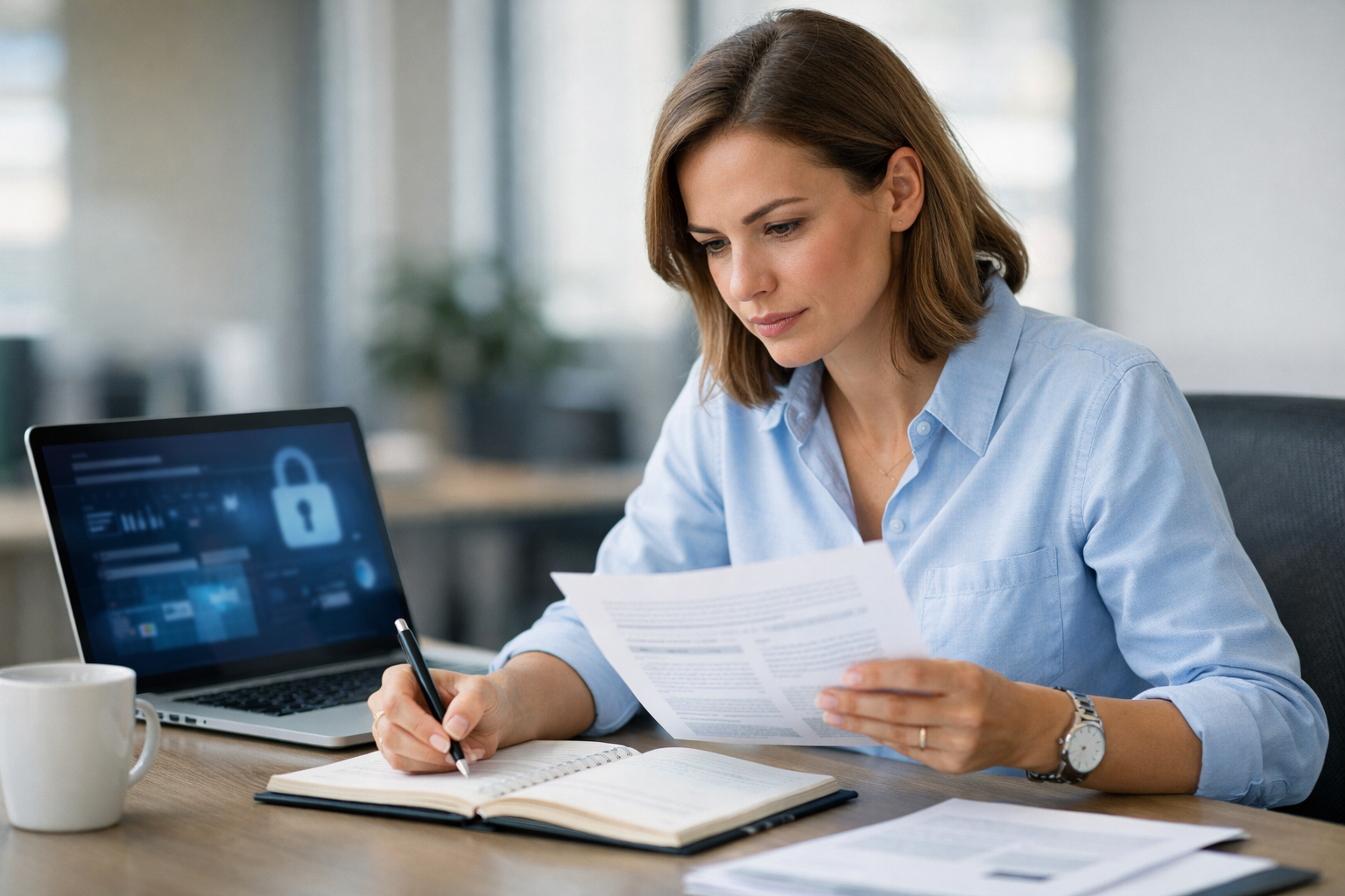 Fokussierte Mitarbeiterin im modernen Büro prüft Unterlagen am Laptop und macht sich handschriftliche Notizen zum Thema IT-Sicherheit.