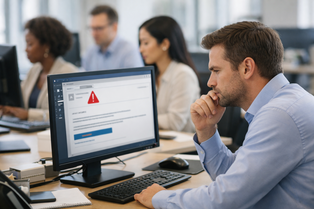 Großraumbüro mit mehreren Mitarbeitenden an Computerarbeitsplätzen; im Vordergrund prüft ein Angestellter aufmerksam eine verdächtige E-Mail auf seinem Bildschirm