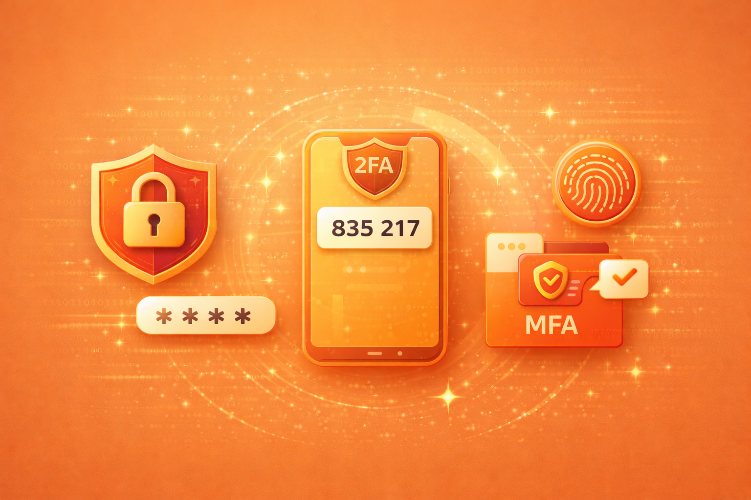 Illustration mit Titel ‚Passwortsicherheit & MFA‘, einem Passwortfeld, einem gelben Schild mit Vorhängeschloss und einem runden Häkchen-Symbol.