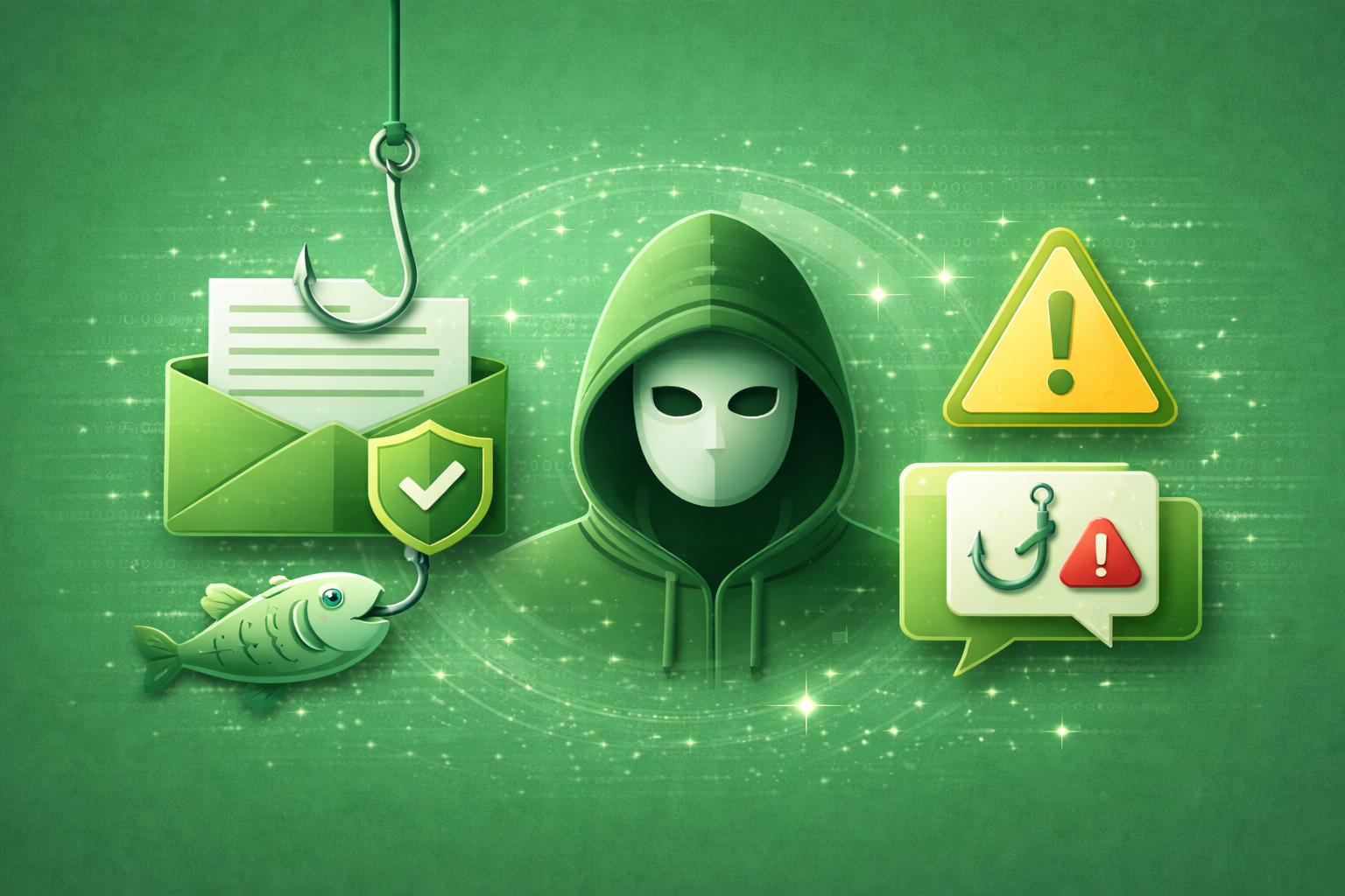 Illustration mit Titel ‚Phishing & Social Engineering‘, einem Browserfenster mit Phishing-Haken 