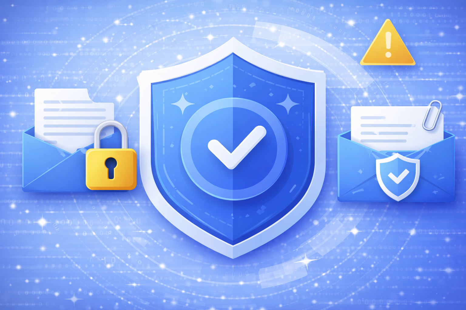 Illustration mit Titel ‚Sicherer Umgang mit E-Mails & Anhängen‘, einem E-Mail-Fenster mit rotem Warnsymbol, einem Datei-Icon mit blauem Schloss und einem Häkchen-Symbol.