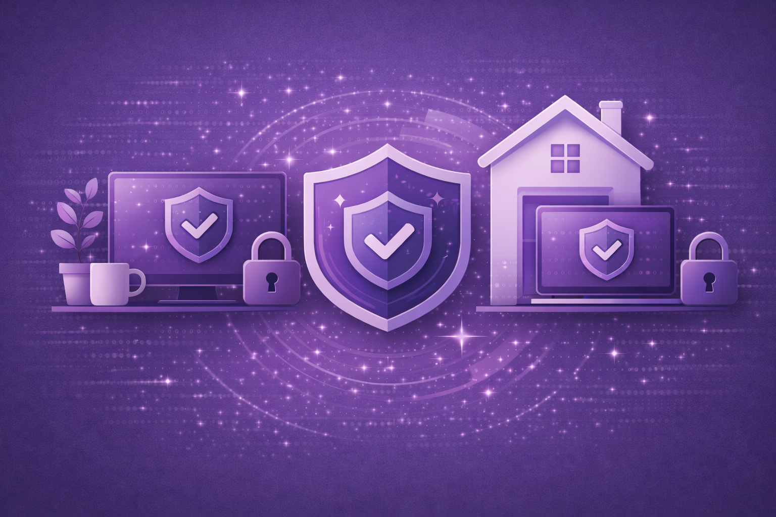 Illustration mit Titel ‚Sicheres Arbeiten – Büro, Homeoffice & unterwegs‘, bestehend aus Browserfenster mit Warnsymbol, Laptop