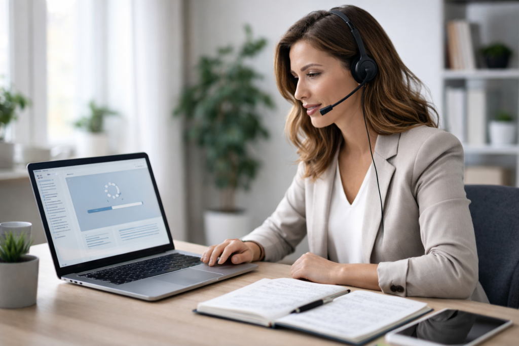 Professionelle Frau in Business-Casual-Kleidung sitzt an einem Schreibtisch im hellen Homeoffice, trägt ein Headset und arbeitet konzentriert an einem Laptop mit E-Learning-Oberfläche