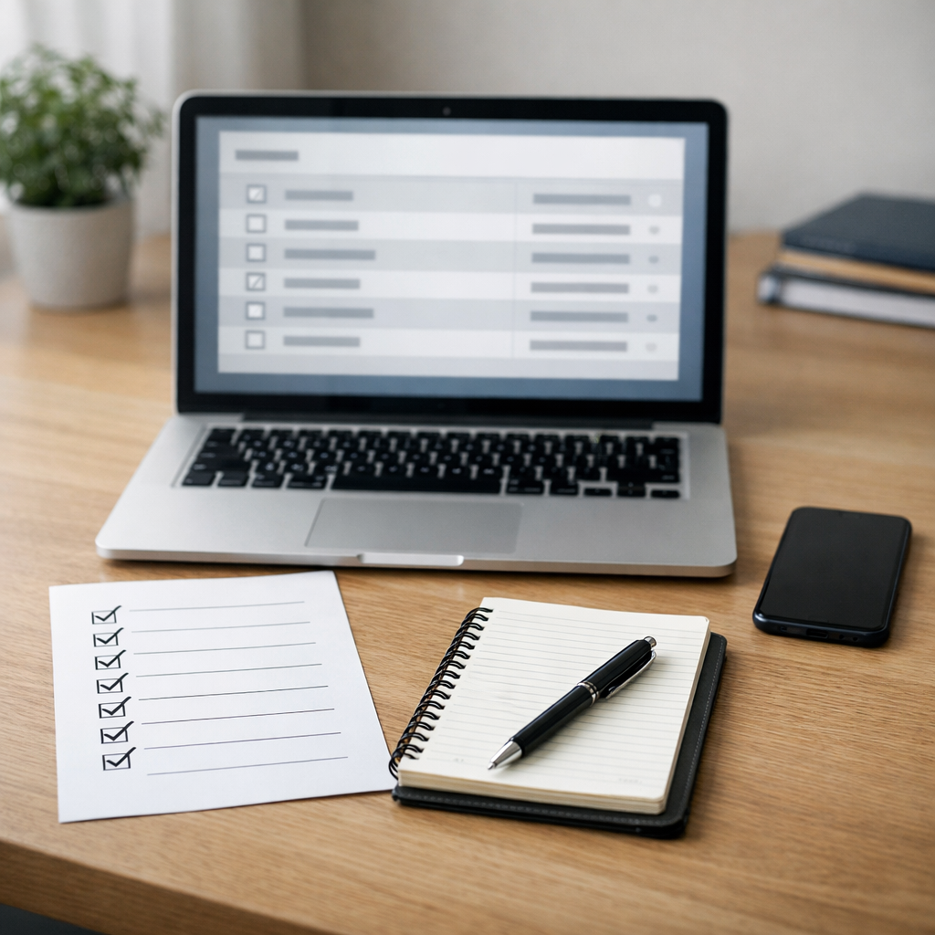 Computerbildschirm mit Häkchen und Symbolen für Sicherheit: Schloss, Schild, Checkliste – steht für geprüfte oder sichere Webseite.