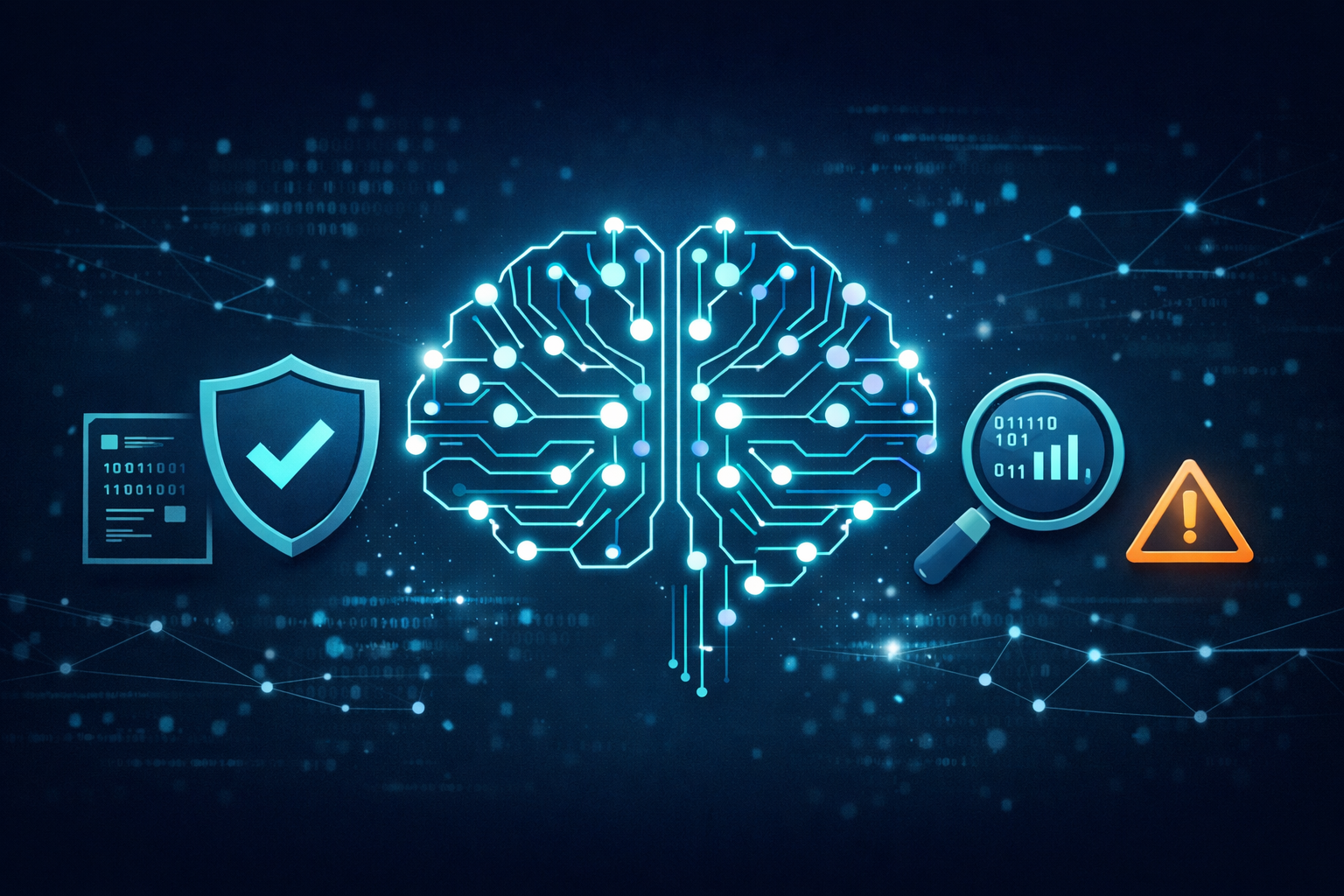 Illustration eines digitalen Gehirns aus Leiterbahnen mit Symbolen für Sicherheit, Analyse und Warnung – Darstellung von KI-Kompetenz, Risikobewertung und sicherem Einsatz von Künstlicher Intelligenz.
