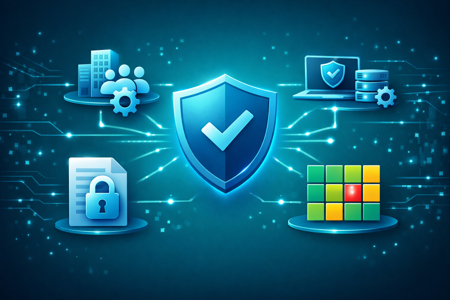 Illustration zu Informationssicherheit und Risikomanagement mit Schutzschild, Organisationssymbolen, gesichertem Dokument und Risikomatrix auf digitalem Hintergrund.