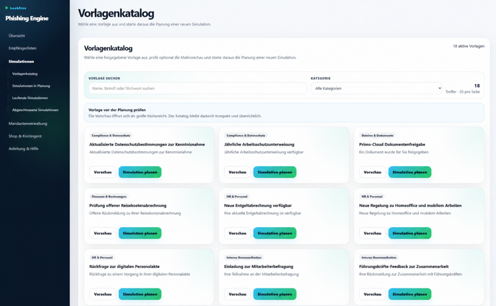 Screenshot aus der hookfree Phishing Engine