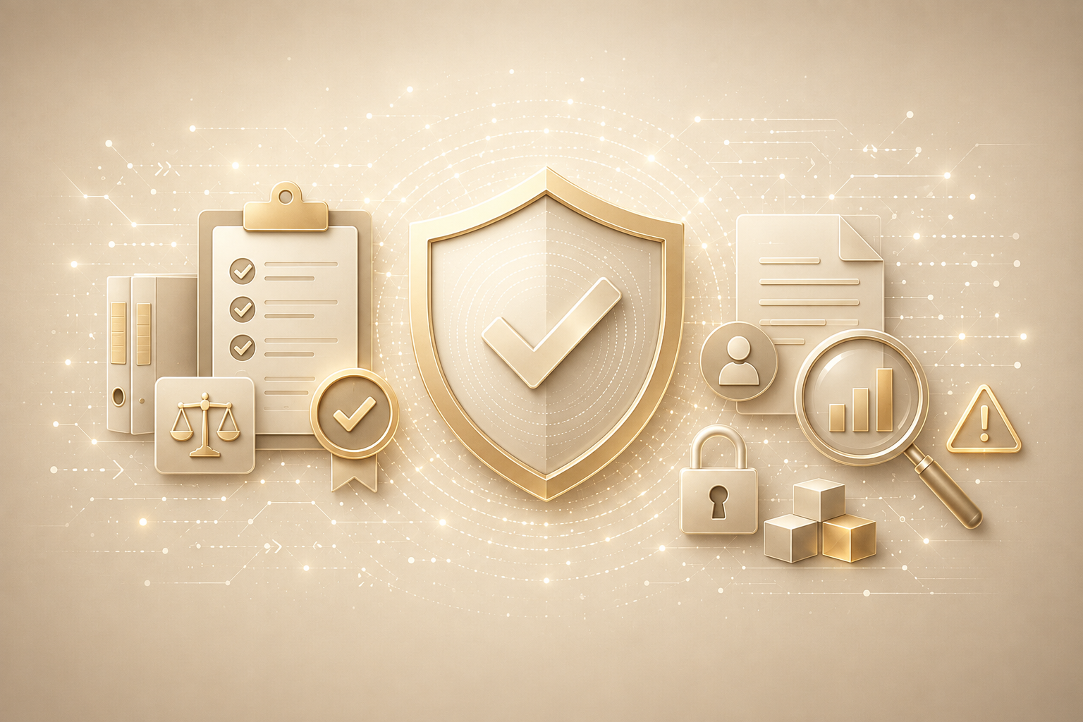 Illustration zum Thema Compliance im Arbeitsalltag mit Schutzschild und Häkchen, Checkliste, Dokumenten, Lupe, Waage, Schloss und Warnsymbol in Beige- und Goldtönen.